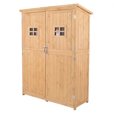 Outsunny Wooden Garden Shed Tool Storage Cabinet Double Door Shelf Natural Wood • £182.99