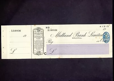 Cheque Midland Bank Ltd Walsall Staffordshire • £10