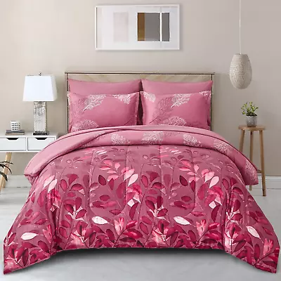 7 Piece Red Bed In A Bag King Size Floral Comforter Set - Elegant Botanical Leav • $85.60