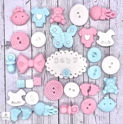 32 Edible Pink Blue Boy Girl Baby Shower Fondant Sugar Cake Cupcake Decorations • £6.99