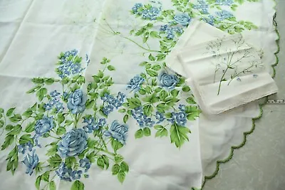 VTG 70s Galimberti Italian Cotton Tablecloth 12 Napkins Blue Floral Oval 106 X70 • $110
