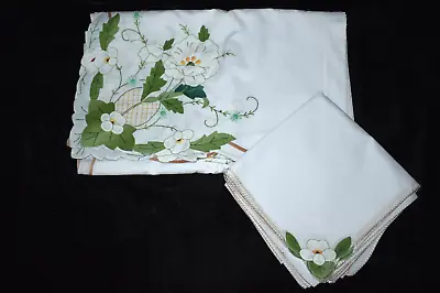 Vintage Madeira Tablecloth & 12 Napkins Hand Appliqued Floral Design UNUSED • $174.99