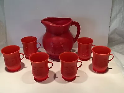 Vintage 1980’s Kool-Aid Man Smile Face Red Pitcher With 6 Drink Cups Plastic Set • $65