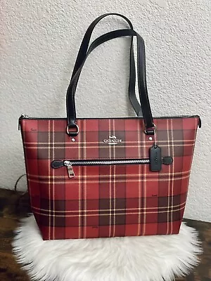 NWT COACH Gallery Tote With Tartan Plaid Print Red/Black Multi-CC939 • $188