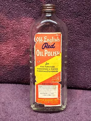 Vintage OLD ENGLISH RED OIL POLISH FURNITURE GLASS BOTTLE METAL CAP EMPTY • $19.99