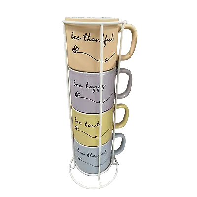 4 Pc Stackable 14oz Multi-Color Ceramic Coffee Mug Set With Metal Ower Mug Stand • $18.78
