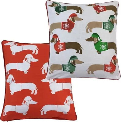 Christmas Sausage Dog Dachshund Cotton Cushion Cover Hats Red Reversible 17  • £5.99