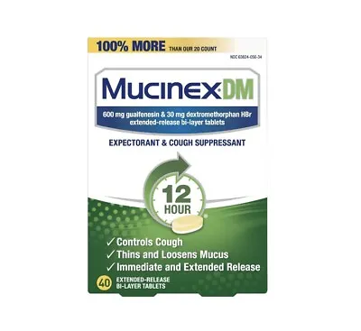 Mucinex DM 12hr 600mg Expectorant Cough Suppressant 40 Tabs ~ {Exp:04/2026+} • $11.20