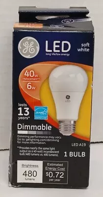 GE LED Soft White Bulb 6 Watt 40 Watt Replacement Dimmable A19 480 Lumens NEW • $11.95