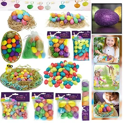 Easter Egg Hunt Set Glittered Eggs & Grass Nest Bonnet Basket Home Party Decor • £4.49