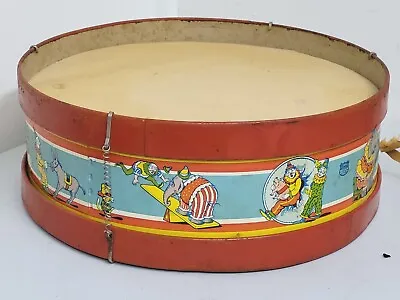 Rare 1930s CIRCUS Theme Tin Litho J Chein Metal Drum CLOWNS & ANIMAL Acts Toy • $135