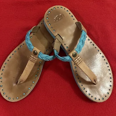 UGG Bria Blue Turquoise Braided Leather Thong Flat Sandals Flip Flops Sz US 6 • $23