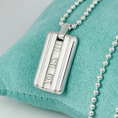 24  Tiffany & Co Mens Unisex Silver Atlas Dog Tag Bead Necklace Roman Numerals • $325