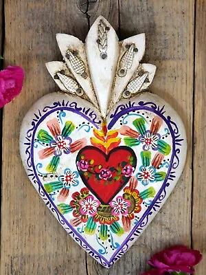 Heart Wood Hand Painted Sacred Heart Milagros Handmade Pátzcuaro Mexico Folk Art • $29