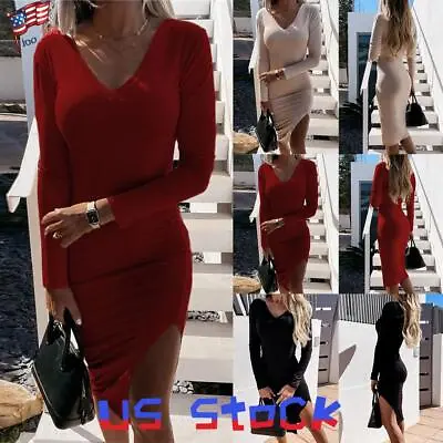 $24.69 • Buy Womens V-Neck Bodycon Split Dress Ladies Casual Slim Fit Party Midi Dresses US