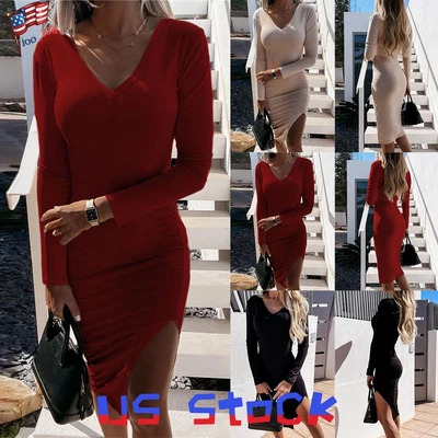 $24.69 • Buy Womens V-Neck Bodycon Split Dress Ladies Casual Slim Fit Party Midi Dresses US