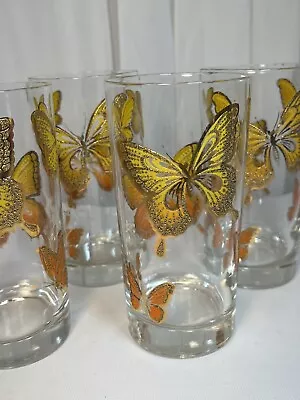 MCM 22k Gold Embossed Glasses Copper Orange Butterfly Barware VTG Set Of 4 • $55