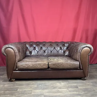 Chesterfield Style Distressed Pub Look Leather Two Seater Sofa Chair Brown • £199.99