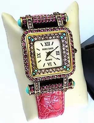Heidi Daus Pink & Turquoise Rhinestones Ladies Watch Leather Band Mint In Box • $39