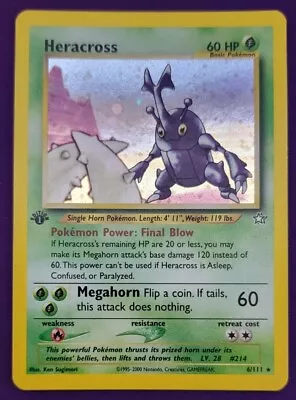 Vintage Pokemon 1st Edition Heracross 6/111 Holo Rare Neo Genesis Excellent Ex • $45.99