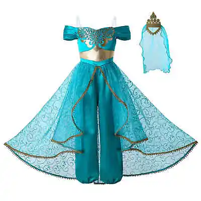 Kids Girls Aladdin Costume Jasmine Princess Fancy Dress Up Party Cosplay Outfits • £16.18