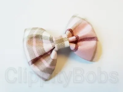 Ladies Handmade 4  Large Baby Pink & Beige Tartan Fabric Bow Girls Hair Clip • £4