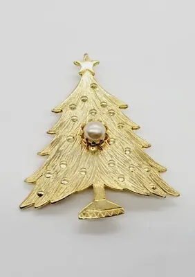 Christmas Tree With Star Brooch Pin Textured Vintage Gold Tone Faux Pearl • $12.61