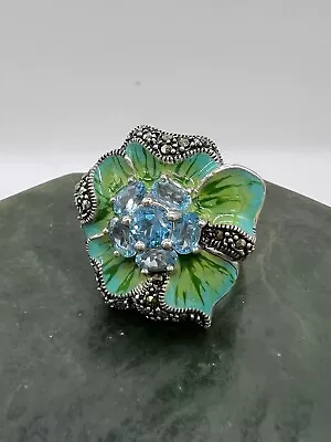 Designer~925 Ss~blue Topaz~blue/green Enameled~marcasite Ring • $69