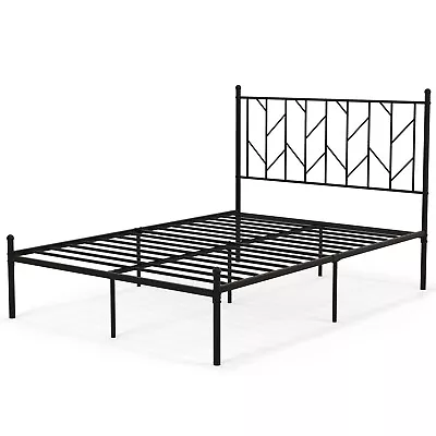 4FT6 Double Metal Bed Frame Heavy-duty Slatted Platform Bed Frame With Headboard • £75.95