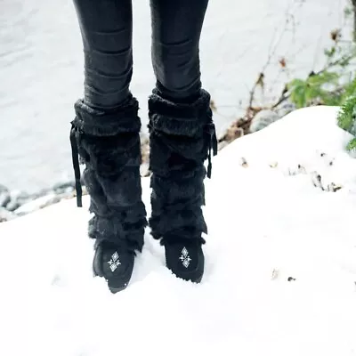 Manitobah  Fur Tall Wrap Suede Mukluk Boots Black Beaded Sz 7 Women's • $100