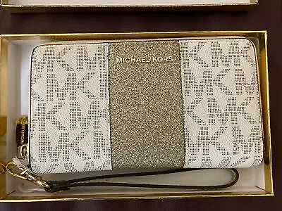 Michael Kors Monogram Gold/Vanilla Glitter Center Stripe Large Wallet 35H7XIJE9B • $29.99