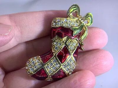 Christmas Stocking Pave Rhinestones Enamel MONET Vintage Gold Brooch V-7675* • $24.99