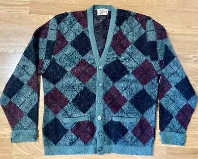 Vintage 60’s Rob Scot Cardigan Sweater Men Med Lrg 44” Wool Mohair Blend Argyle • $69.95