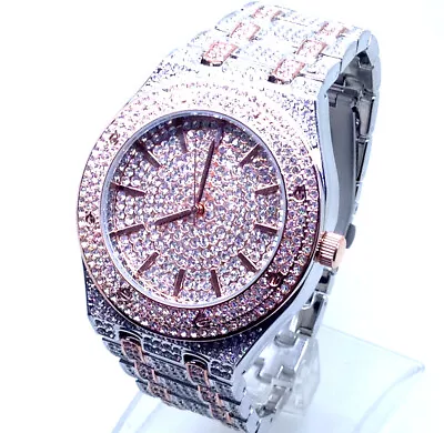 354O Men's Luxury Wrist Watch Bling Silver Rose Gold Band Dimante Crystal Dial • £27.99