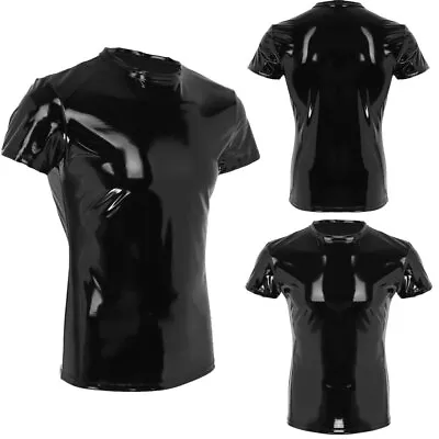 UK Men's PVC Wet Look Leather Short Sleeve  T-Shirt Muscle Top Slim Fit Clubwear • £7.99