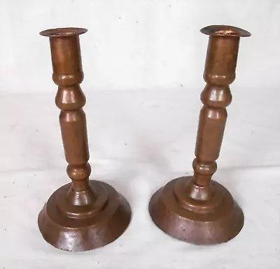 Pair Arts & Crafts Mission Hammered Copper Candlesticks • $95