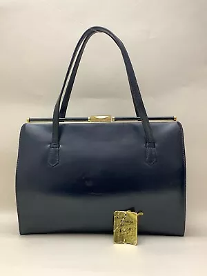 Ackery Large Vintage 1950s Blue Leather Handbag Buff Suede Lining & Elbief Frame • £45.99