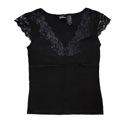 DKNY Jeans Vintage Y2K Coquette Gothic Lace Blouse Top SS Black Size M • $30