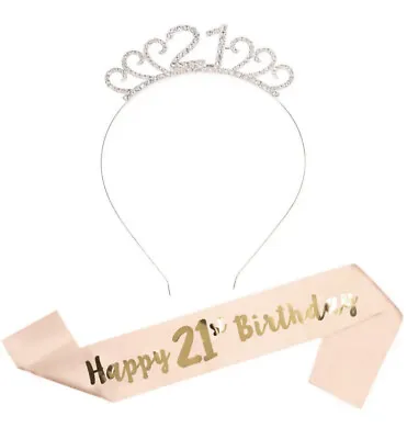 Birthday Tiara Rhinestones Headband Rose Gold Sash 21st  Girls Crown Party BNIB • £1.95