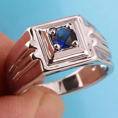 Men Real 925 Sterling Silver Ring Size 10 With Solitaire Sapphire Blue Stone • $24.49