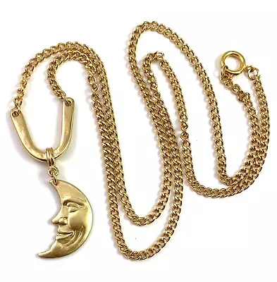 Crescent Moon Pendant Necklace Vintage Gold Tone Metal Chain Modern Charm • $29.99