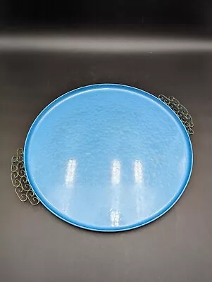 VTG Hand Made CA Moire Glaze KYES Blue Round Metal Tray Scroll Handles MCM • $25.99