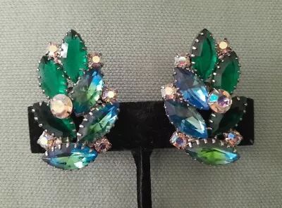  Vintage Julianna Blue Green Prong Set Rhinestones Clip Earrings Silver Tone-A • $39.99
