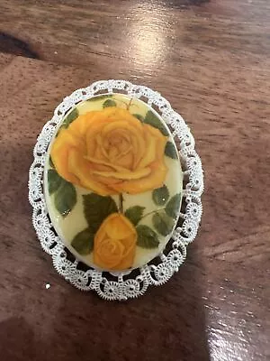 Vintage West Germany Yellow And White Floral Porcelain Filigree Brooch • $25