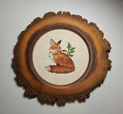 Unique Vintage Crewel Needlework Embroidery Wall Hanging Fox Wood Bark Frame • $44.99