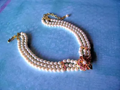 Vintage Faux Pearl Choker / 3 Strand Necklace- Pink Rhinestone Center Flower YGT • $28.79