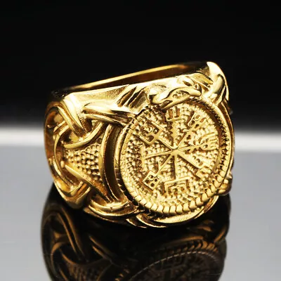 Men's Vintage Cletic Dragon Viking Compass Ring Stainless Steel Gold Size 7-13 • $12.96