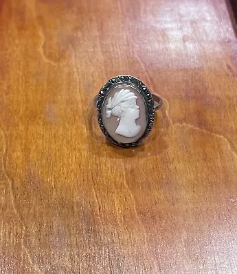 Vintage Sterling Silver Cameo And Marcasite Ring • $17.95