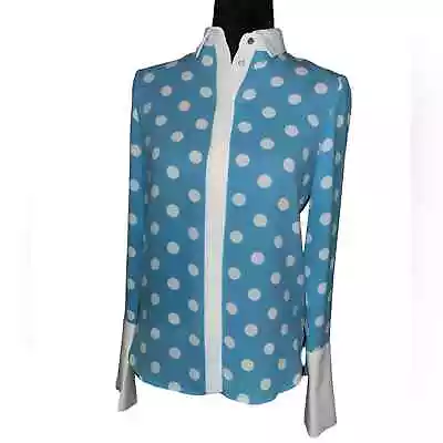 Vintage Anne Klien Polka Dot Blouse With Slit Cuff Siren Blue/nyc White Size Xs • $45