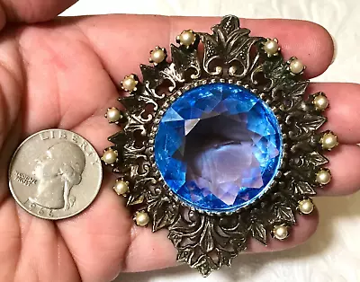 Unsigned Rococo Baroque Brooch W. Massive & Flawless Blue Crystal SEE VIDEO! • $38.95